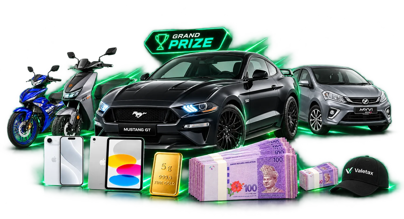 Prizes: Ford Mustang, Perodua Myvi, Yamaha Y15, EV scooter, iPhone, iPad, gold bar, cash and Valetax merchandise